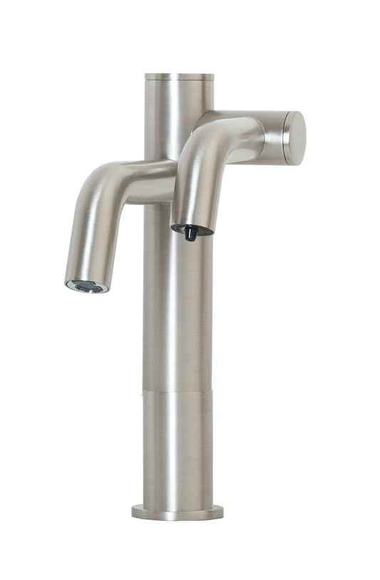TiO-324 Two-in-One Automatic Faucet and Automatic Soap Dispenser with 4" Riser for Vessel Sink Applications in Satin Nickel