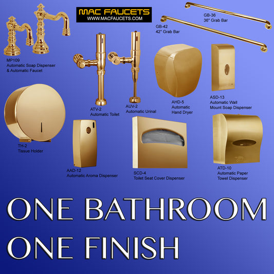 Automatic urinal, toilet flush valves, faucet and soap dispenser in Polished Gold