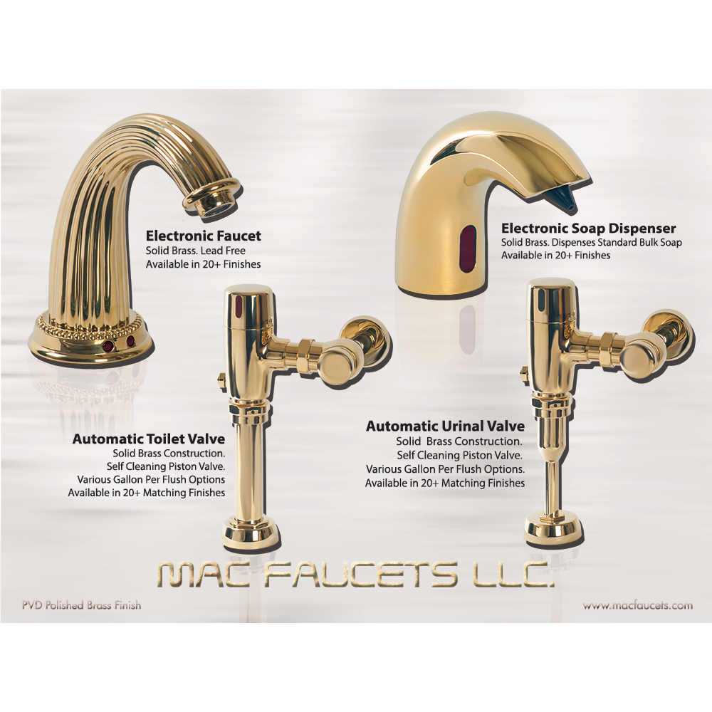 Sensor urinal and toilet flushers, faucet, and soap dispenser in Lifetime polished brass finish