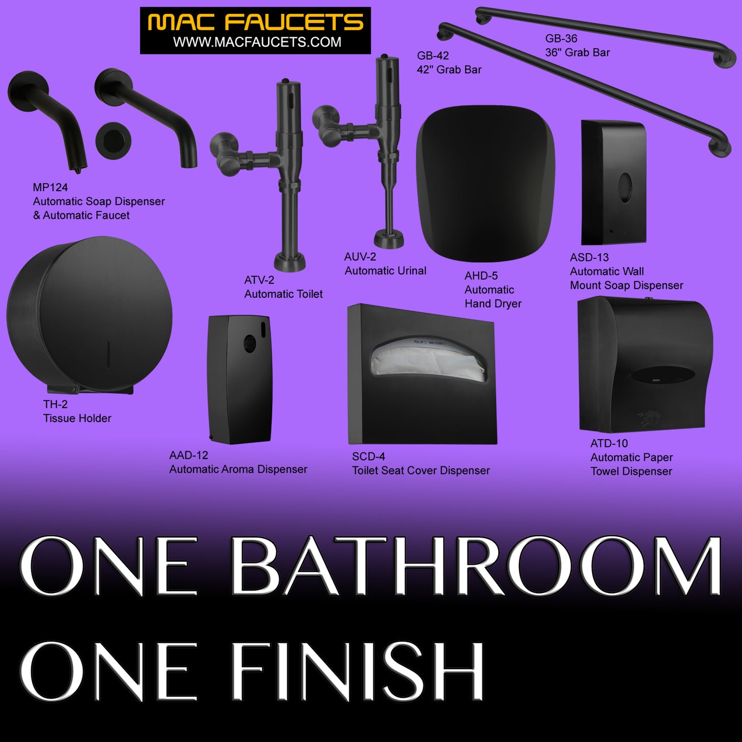 Automatic urinal & toilet flushers, soap dispenser, and faucet in Matte Black finish