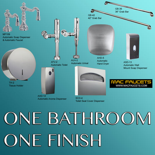 Automatic urinal, toilet flush valves, faucet and soap dispenser in Polished Chrome