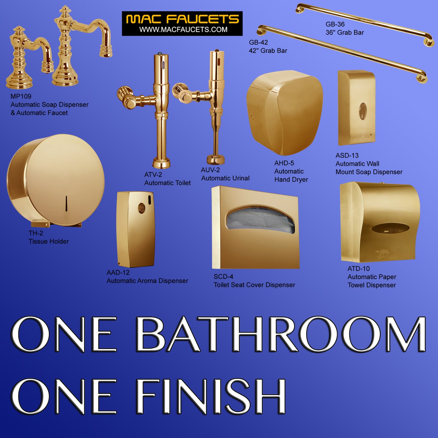 Automatic urinal, toilet flush valves, faucet and soap dispenser in Polished Gold