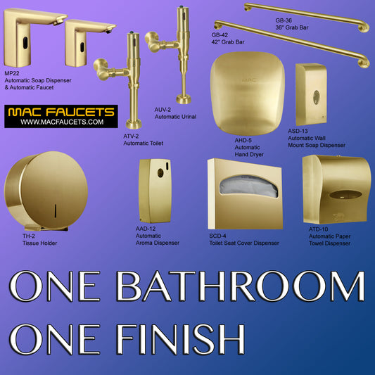 Suite 10022 SB Automatic urinal, toilet flush valves, faucet and soap dispenser in Satin Brass