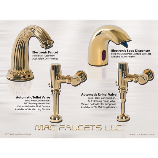 Sensor urinal and toilet flushers, faucet, and soap dispenser in Lifetime polished brass finish