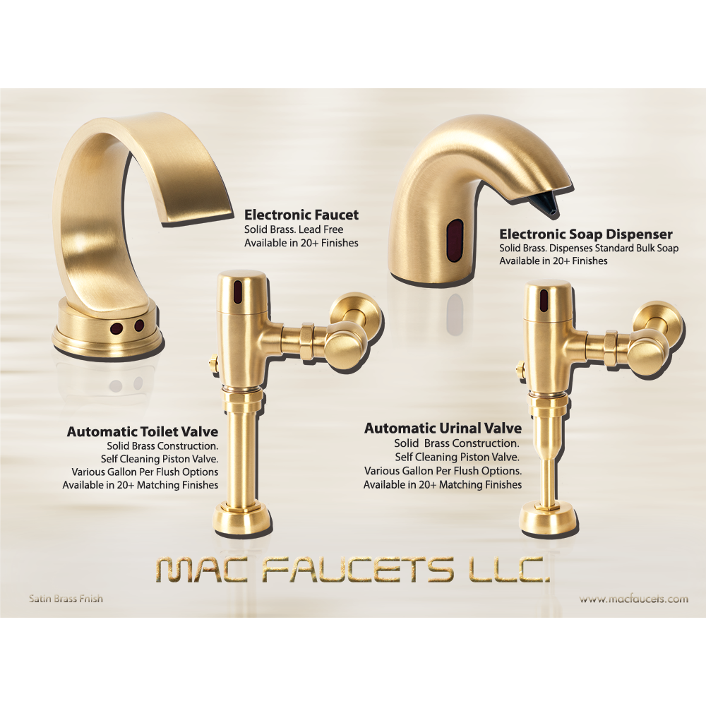 Touchless soap dispenser, faucet, toilet &urinal flush valves in satin brass