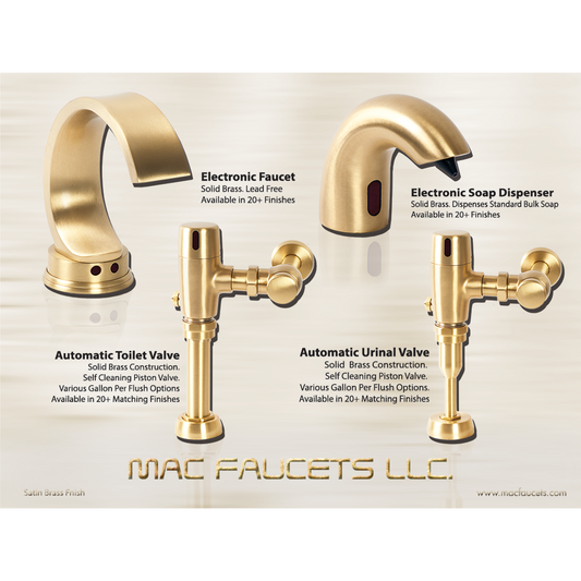 Touchless soap dispenser, faucet, toilet &urinal flush valves in satin brass