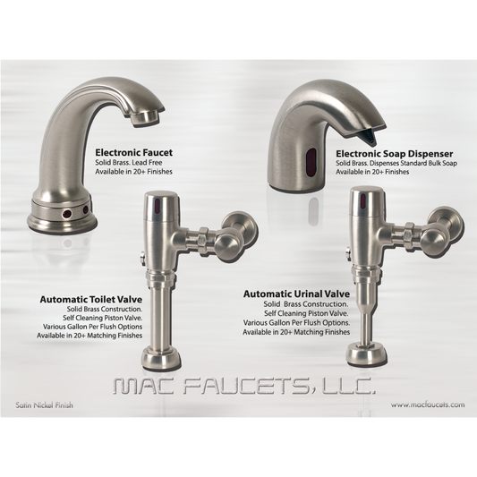Sensor soap dispenser, faucet, toilet &urinal flush valves in satin nickel finish