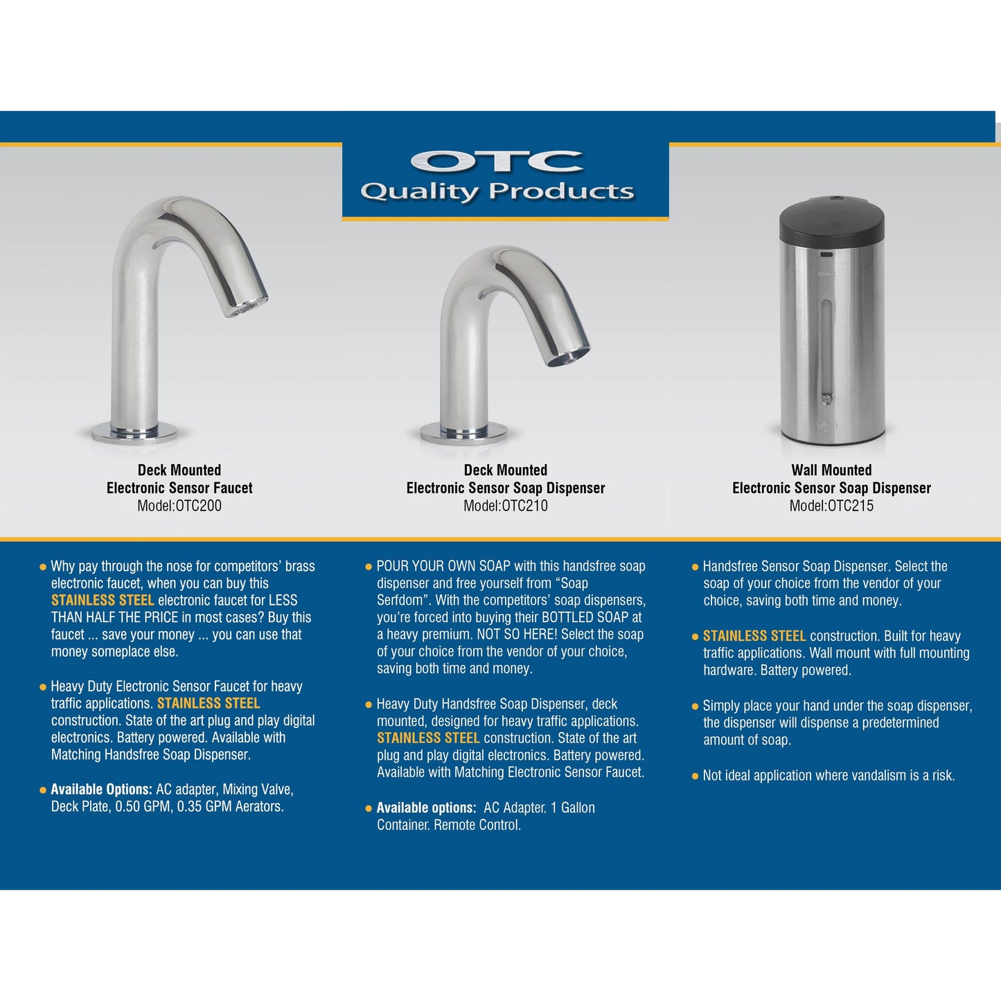 OTC200 Lowest price electronic faucet in the USA that is made of Stainless Steel material OTC-200