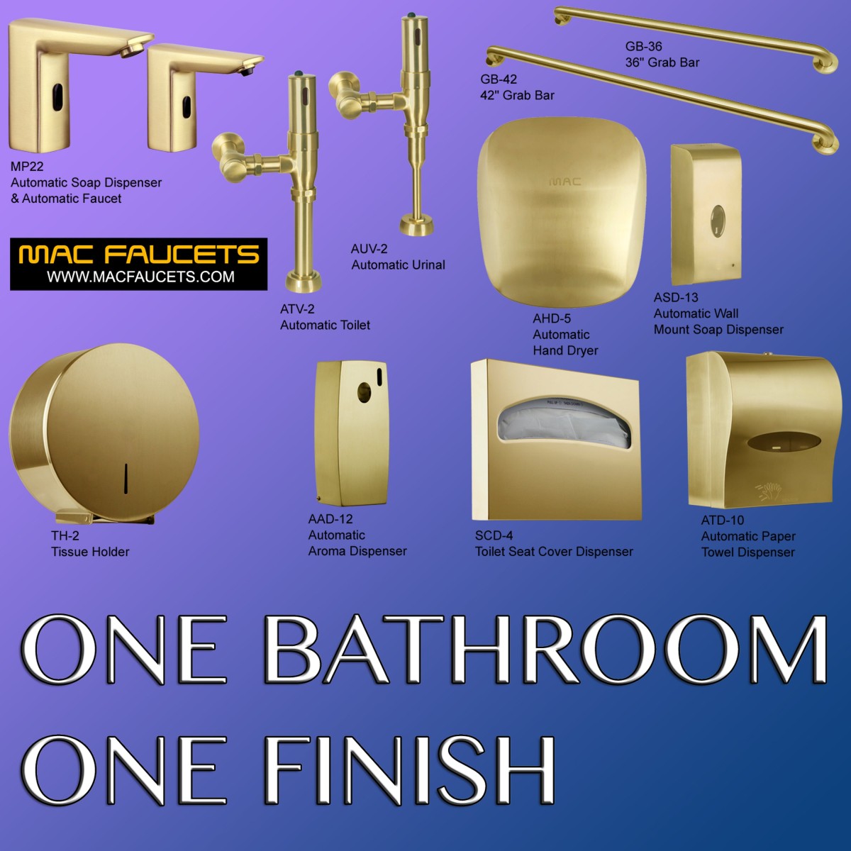 Suite 10022 Automatic Urinal, Toilet Flush Valves, Faucet and Soap Dispenser in Satin Brass