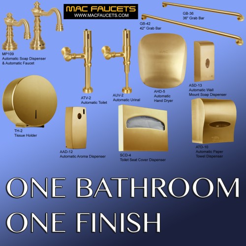 Suite 10109 Automatic Urinal, Toilet Flush Valves, Faucet and Soap Dispenser in Satin Gold