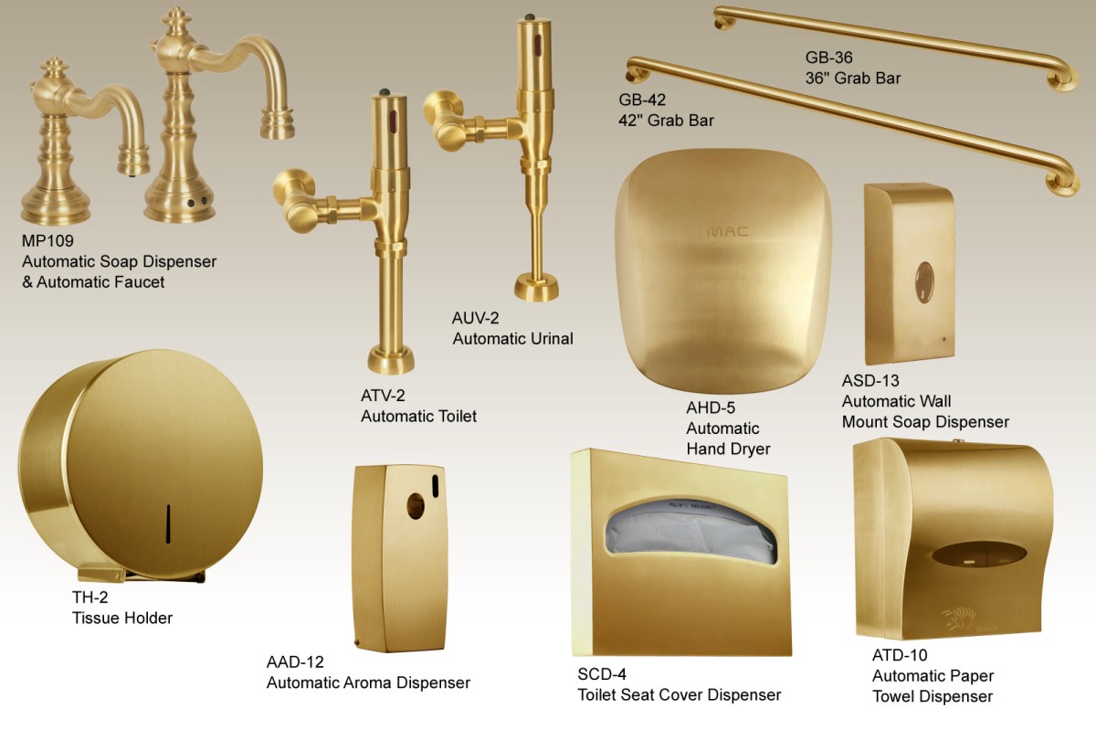 Suite 10109 Automatic Urinal, Toilet Flush Valves, Faucet and Soap Dispenser in Satin Gold